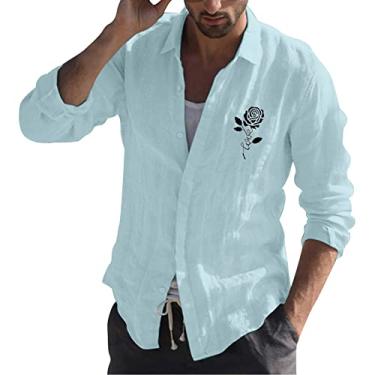 Imagem de Body masculino com botões na virilha, casual, simples, algodão e linho, estampa pequena, lapela camiseta manga de compressão, Azul claro, XXG
