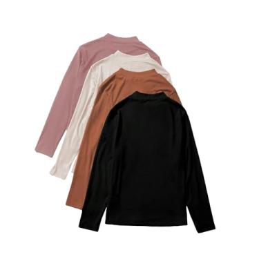 Imagem de Verdusa Camiseta feminina plus size, 4 peças, básica, gola redonda, manga comprida, camiseta lisa, Rosa, bege, marrom, preto, 3G Plus Size