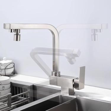 Imagem de Torneira de cozinha de 3 vias com filtro de água, torneira dobrável para água potável, saída dupla, pia de cozinha, torneiras misturadoras, escovado-a, modo duplo