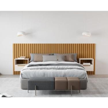 Imagem de Cabeceira Ripada Maracá Queen com 2 Mesas de Cabeceira Jatobá Pérola/nature