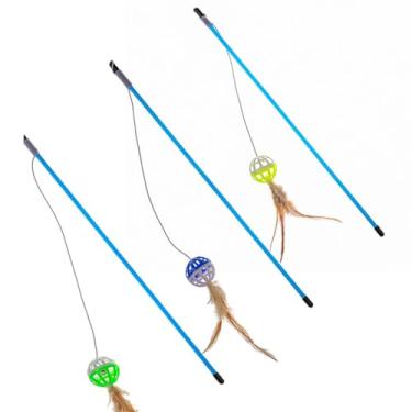 Imagem de Sino de bola de penas falsas para animais de estimação, varinha de gatinho, ajustável, 3 peças, vara reutilizável, para animais de estimação