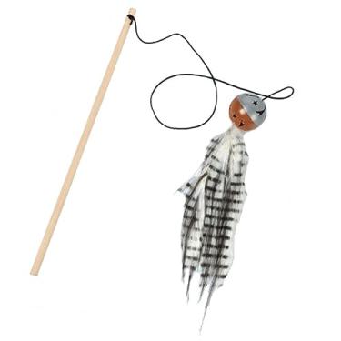 Imagem de Brinquedo de penas interativo fofo para animais de estimação varinha caseira gatinho divertido design de rato de madeira com brinquedo de pelúcia mordendo sino de gato