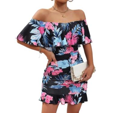 Imagem de Camisa Feminina Floral Print Off Shoulder Ruffle Trim Ruched Bodycon Dress (Color : Multicolor, Size : CH)