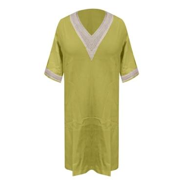 Imagem de Vestido feminino 2024 verão camiseta manga 3/4 algodão linho solto praia decote V renda patchwork vestido reto, Amarelo, XXG