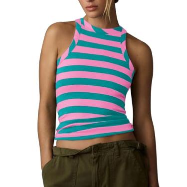 Imagem de ACCPUR Camiseta regata feminina listrada colorida sem mangas costas nadador gola redonda Y2K malha Ringer sexy slim fit 2024, Rosa, verde, M
