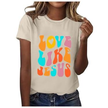 Imagem de Camisetas femininas de verão 2024 Love Like Jesus Faith Graphic Camiseta casual inspiradora de manga curta, Ofertas flash bege, GG