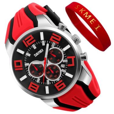 Imagem de Relógios masculinos pulseira de silicone jovem à prova d'água esportes moda casual grande rosto cronógrafo luxo luminoso analógico quartzo preto relógio de pulso presentes SKMEI, G9128vermelho, moda