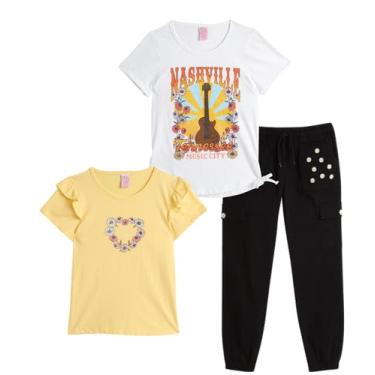 Imagem de Real Love Conjunto de calças para meninas – Camiseta fofa de 3 peças e calça cargo cargo bordada – Roupa moderna de primavera para meninas (7-16), Girassóis pretos, 16