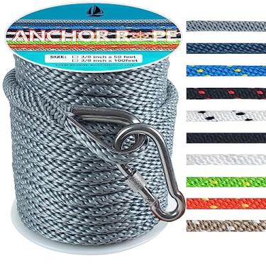 Imagem de Corda de âncora de 1,5 m, linha de ancoragem MFP de trança sólida premium com dedal de aço inoxidável 316, corda de âncora de barco 3/8 polegadas 1,5 m com gancho de pressão resistente - cinza
