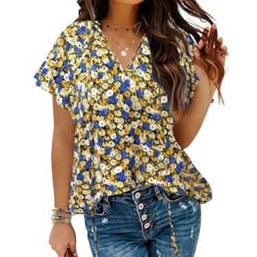 Imagem de HOTOUCH Camisetas femininas casuais de manga curta estampadas de verão blusas com gola V com cordão e babados boho túnica rodada, Floral, primavera, XXG
