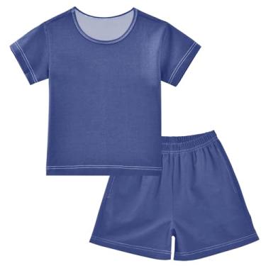 Imagem de CHIFIGNO Conjunto de duas peças para meninos e meninas, camiseta de manga curta, shorts casuais de verão, roupas de verão para crianças, tamanho 5-14, Azul mineral escuro, 5 Anos
