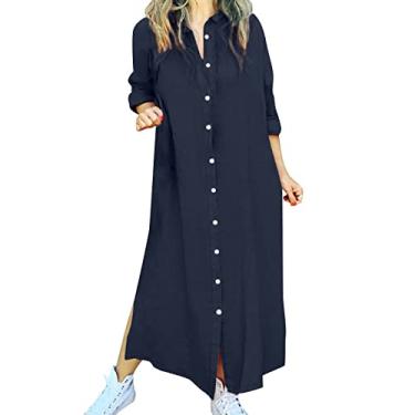 Imagem de Lainuyoah Vestidos de praia de verão com mangas 2024 vestidos maxi de linho com botão lapela vestido muçulmano de bolinhas, F-azul-marinho, M