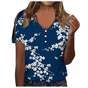 Imagem de Blusa feminina de verão com ombro vazado, gola V, botões coloridos, folgada, estampa floral, #06-azul-marinho, GG