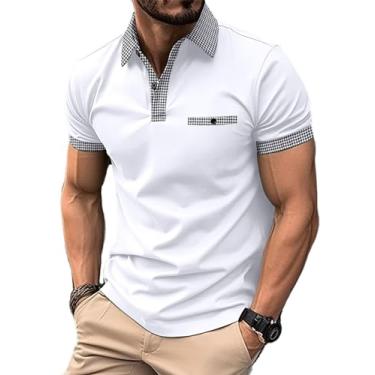Imagem de Camisa polo masculina clássica casual manga curta xadrez splice camisetas polo de ajuste regular para negócios e golfe, Branco, G