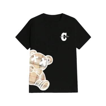 Imagem de SHENHE Camiseta masculina estampada gola redonda manga curta estampa de urso xadrez camiseta de verão, Preto, GG