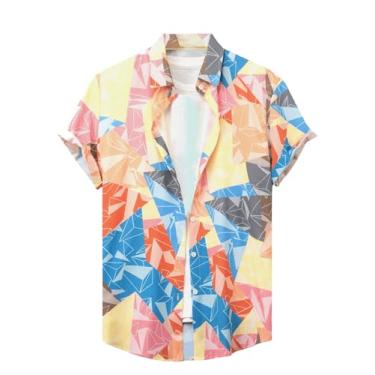 Imagem de GORGLITTER Camisas masculinas listradas de boliche com botão de manga curta casual cruise camisas vintage verão praia camisas, Rosa coral, M