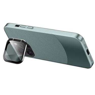 Imagem de LTLMYDAM Capa com suporte de lente para iPhone 15 Pro Max/15 Pro/15 Plus/15, capa ultrafina de couro PC para celular suporta sucção magnética de veículos, verde, 15 Plus
