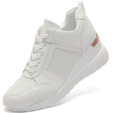 Imagem de YZ Tênis feminino moderno de salto alto com cadarço plataforma, Branco, 37