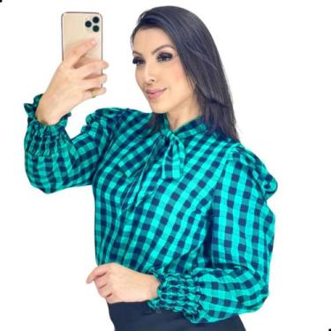Imagem de Blusa Xadrez Feminina Manga Longa Bufante Princesa Gola Laço - Look Mo