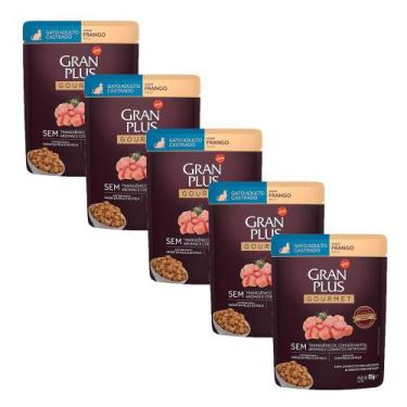 Imagem de KIT 5 Ração Úmida Gran Plus Gourmet Gatos Adultos Castrado Frango Sach