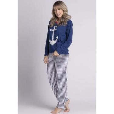 Imagem de Pijama Longo Malha Pv Inverno Feminino Âncora - WLS Modas, G, Marinho