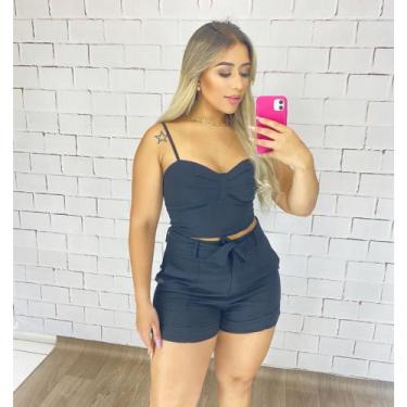 Imagem de Conjunto Feminino Shorts e Cropped em Linho - TCHUCA MODAS, Preto, M