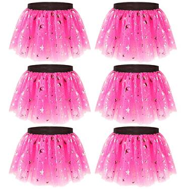 Imagem de Ibeauti Pacote com 6 saias tutu femininas de tule com 3 camadas elásticas e fofas tutus dos anos 80, fantasia de Halloween, 6 estrelas rosa choque, M