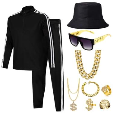 Imagem de Conjunto de 2 peças de agasalho masculino com zíper completo, conjunto de acessórios para corrida, hip hop, rapper rocker dos anos 80, Preto, M