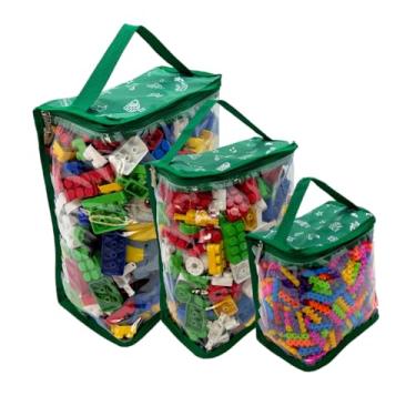 Imagem de Kit 3 Organizador Brinquedo Baú Blocos Montar Brinquedoteca Criança Quarto Infantil P, M e G (Verde)