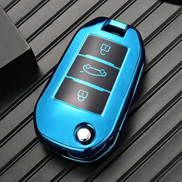 Imagem de WSWJDW TPU Car Key Case Cover Keychain Ring Key Bag, apto para Peugeot 3008 208 308 508 408 2008 307 4008 Citroen C4 C4L CACTUS C3 C6 C8, Azul