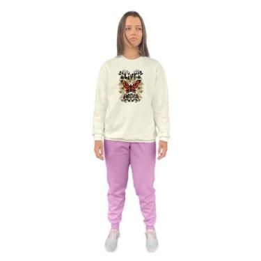 Imagem de Conjunto de Moletom Feminino Blusa Sem Capuz e Calça Jogger Estampado 