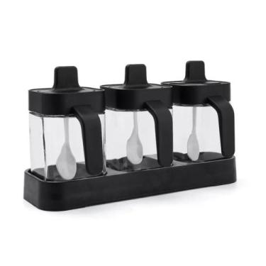 Imagem de Porta Temperos Condimentos Luxo 3 Peças Vidro Colher Plastico 2 em 1 -