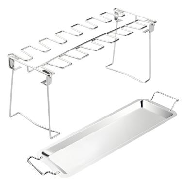 Imagem de SHIKORI Suporte de perna de frango para grelha, fácil de usar, 12 compartimentos, suporte de asa de frango de aço inoxidável premium para acessórios de churrasqueira - com bandeja coletora