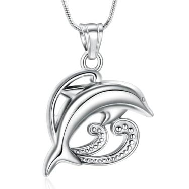 Imagem de AIWENXI Colares de urna de golfinho para cinzas, ondas, urnas de cremação, colares com pingente, joias de aço inoxidável, lembranças, humanas/animais de estimação, joias com pingente de cinza para