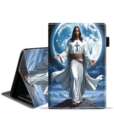 Imagem de stmedazm Capa para tablet Amazon Kindle Fire 7 (7 polegadas, 12ª geração, versão 2022), capa de couro PU premium com suporte para despertar/hibernar automaticamente - Deus Cristão Jesus