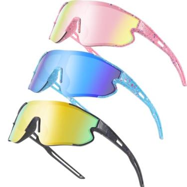 Imagem de Wapreta Pacote com 3 óculos de sol infantis de beisebol juvenil UV400 para meninos e meninas de 4 a 12 anos (armação rosa + armação azul + armação preta)