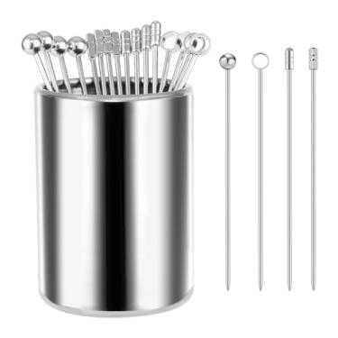 Imagem de tchrules Palhetas de coquetel, 16 peças de palhetas de martini de metal, palito de bebida de aço inoxidável reutilizável com copo de armazenamento, espetos de Bloody Mary para aperitivos, sa