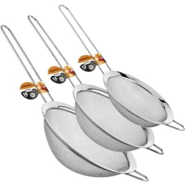 Imagem de Jogo 3 Peneiras em Aço Inox Resistente Luxo Para Coar Polvilhar Versátil, Durável, com Suporte para Panelas e Travessas, Resistente a Temperaturas e de Fácil Manuseio 8 a 20cm. PRÓODOS (12-14 - 16)