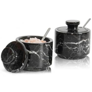 Imagem de MARBLOUS KRAFTS Saleiro de mármore com tampa e colher caixa de sal de Natal escamosa zebra preta de 7,6 cm para presente, pequeno conjunto moderno de 2 recipientes de bancada de cozinha de açúcar