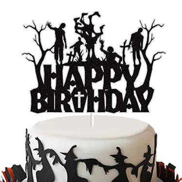Imagem de Zombies Happy Birthday Cake Topper Black Glitter Horror Monster Zombies Cake Decor Spooky Halloween Themed Party Supplies for Kid’s Birthday