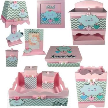 Imagem de Kit Higiene bebê Mdf 10 peças - CHUVA DE AMOR ROSA BB CHEVRON CINZA - 