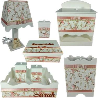 Imagem de Kit Higiene bebê Mdf menina 8 pçs - ROSÊ BRANCO FLORIDO E PÉROLAS - Fl