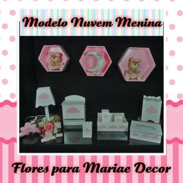 Imagem de Kit Higiene bebê mdf 8 pçs + 3 Nichos Rosa - NUVEM MENINA (Pronta Entr