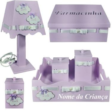 Imagem de Kit de Higiene para quarto de bebê madeira Mdf 6 pçs - Nuvem LILÁS - F