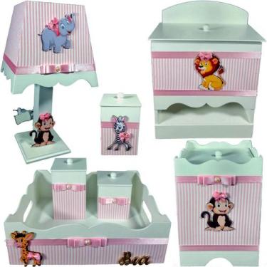 Imagem de Kit Higiene bebê Mdf decorado 7 pçs - SAFARI MENINA ROSA LISTRADO - Fl