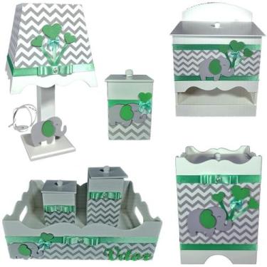 Imagem de Kit Higiene bebê Mdf 7 pçs - CHEVRON CINZA DE ELEFANTE VERDE - Flores 