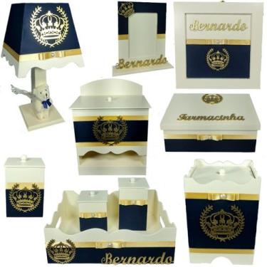 Imagem de Kit Higiene bebê Mdf menino 10 peças -  AZUL MARINHO COM CREME DE CORO