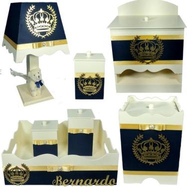 Imagem de Kit Higiene bebê Mdf menino 7 pçs - AZUL MARINHO COM CREME DE COROA - 