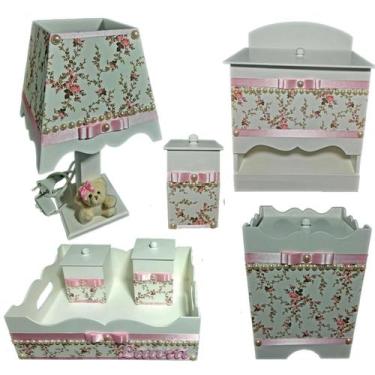Imagem de Kit Higiene bebê Mdf menina 7 pçs - BRANCO FLORIDO COM PEROLAS - Flore