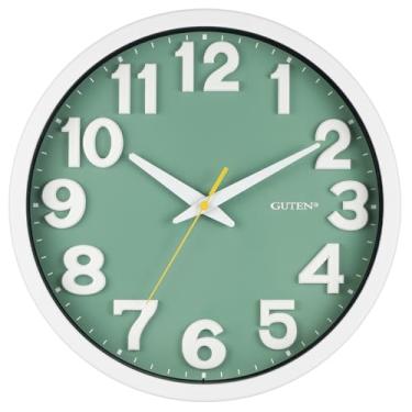 Imagem de Caysie Relógio de parede silencioso sem tique-taque com números 3D grandes de 30,5 cm, relógio redondo moderno operado por bateria, decorativo para cozinha, quarto, sala de estar, escritório (verde)